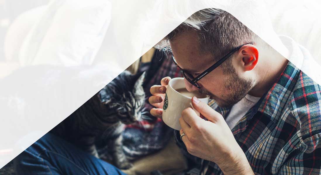 Photo of cat with man drinking coffee